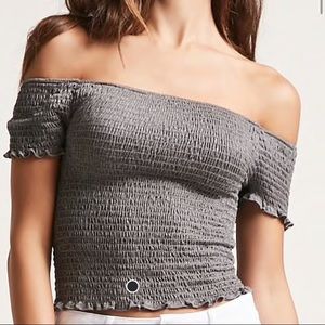 off the shoulder smocked top in charcoal
